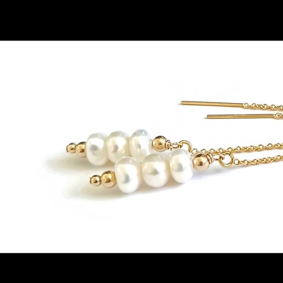 Real Freshwater Pearl Threader Earrings Dainty 14k Gold Filled Pearl Ear Threads - Picture 3 of 5